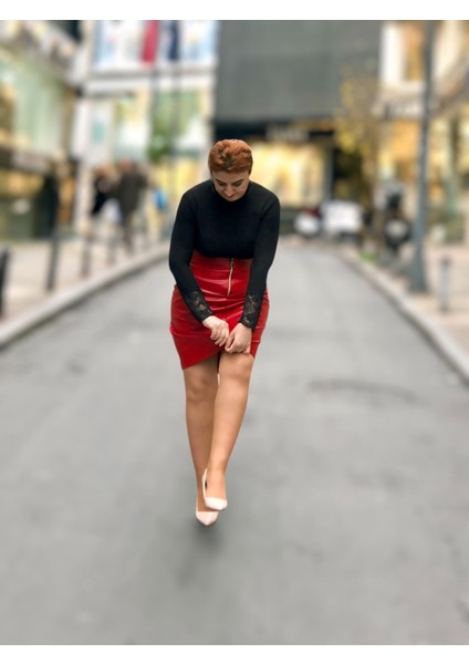 Fermuarlı Deri Mini Etek