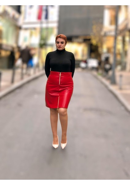 Fermuarlı Deri Mini Etek