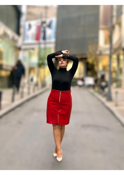 Fermuarlı Deri Mini Etek