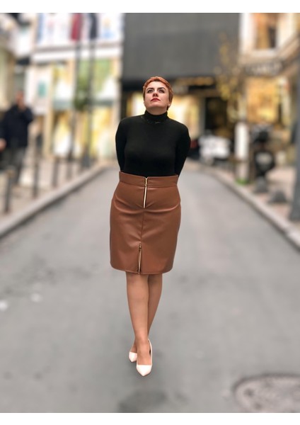 Fermuarlı Deri Mini Etek
