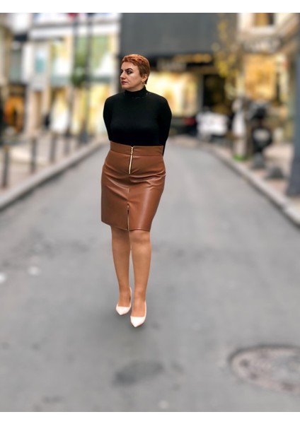 Fermuarlı Deri Mini Etek