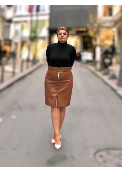 Fermuarlı Deri Mini Etek