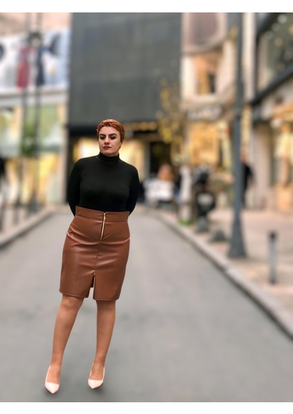 Fermuarlı Deri Mini Etek