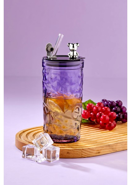 Ayıcık Figürlü - Pipetli Meşrubat Bardağı / 420 ml / Mor - Tekli