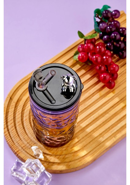 Ayıcık Figürlü - Pipetli Meşrubat Bardağı / 420 ml / Mor - Tekli