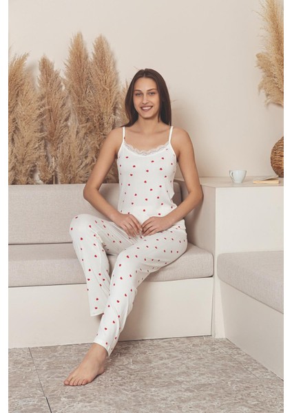 Kadın Pijama Takımı Ip Askılı Alt Uzun Kalp Desenli