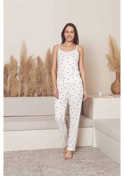 Kadın Pijama Takımı Ip Askılı Alt Uzun Kalp Desenli