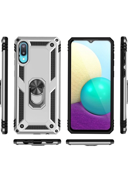 Samsung Galaxy A02 Kılıf Sofya Yüzüklü Silikon Kapak - Gümüş Yktsn