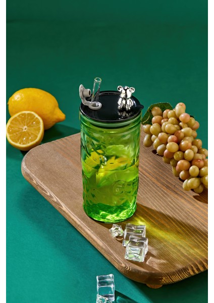 Ayıcık Figürlü - Pipetli Meşrubat Bardağı / 420 ml / Yeşil - Tekli