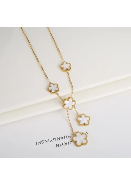 Yonca Kolye Paslanmaz Kararmaz Çelik Gold Beyaz 5 Li | 316l Çelik - Kararmaz | Hediye Kadın