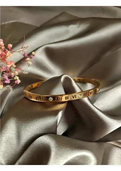 Roma Rakamlı Cartier Ince Bileklik Taşlı | Gold | 316l Çelik - Kararmaz | Hediye Kadın modelleri