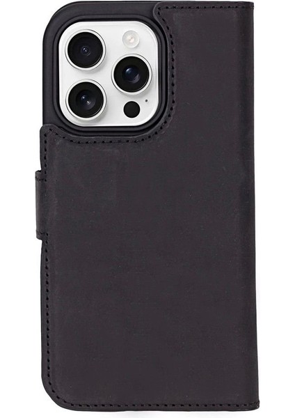 Apple iPhone 16 Pro Uyumlu, Hakiki Deri, El Yapımı, Cüzdanlı Kılıf, Mat Siyah