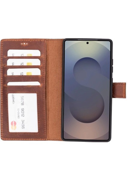 Samsung Galaxy S25 Ultra Uyumlu, Hakiki Deri, El Yapımı, Cüzdanlı Kılıf, Antik Kahve