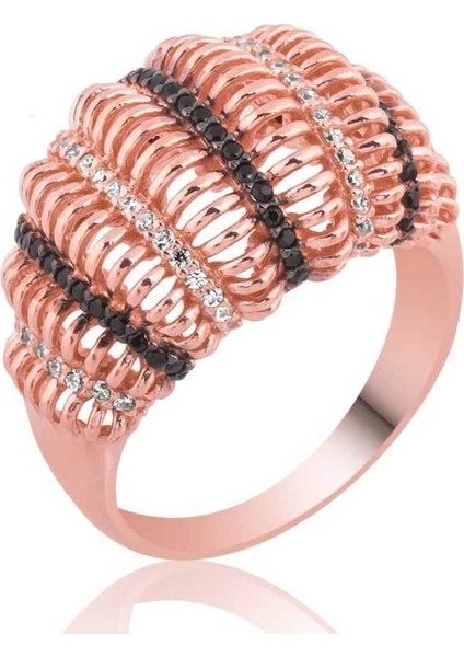 Gümüş Rose Siyah Beyaz Taşlı Bayan Yüzük