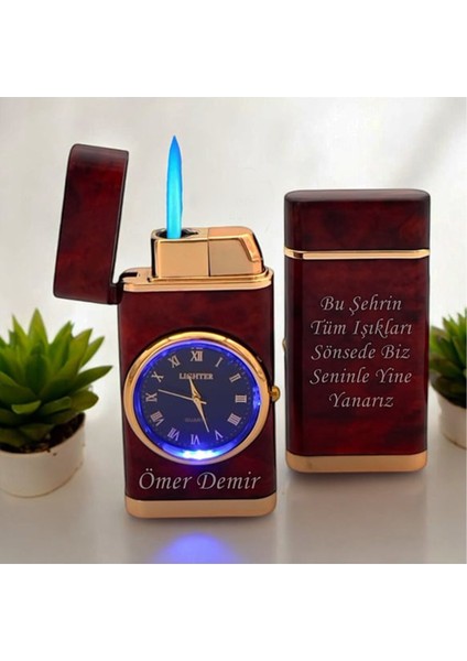 Isme Özel Turbo Jet Işıklı Saatli Çakmak Çift Yön Baskı
