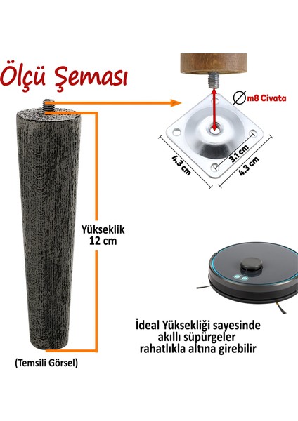 Ahşap Ayak 12 cm Beyaz M8 Civatalı Bağlantı Aparatlı Dolap Mobilya Koltuk Kanepe Destek Ayağı Ayakları