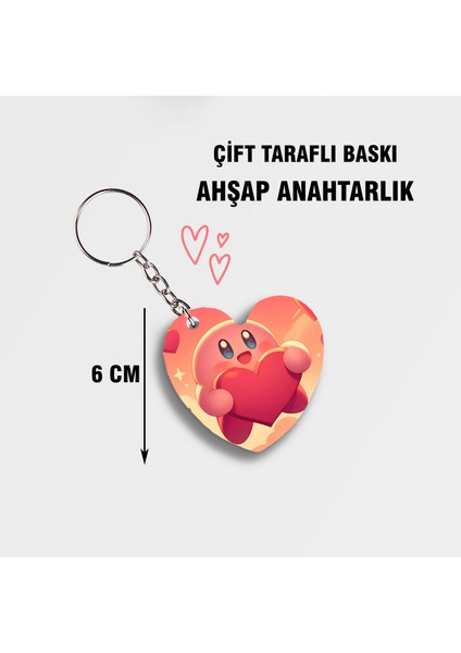 Kirby Pembe Kalpli Ahşap Anahtarlık - Çift Taraflı Baskı - 6cm Anime