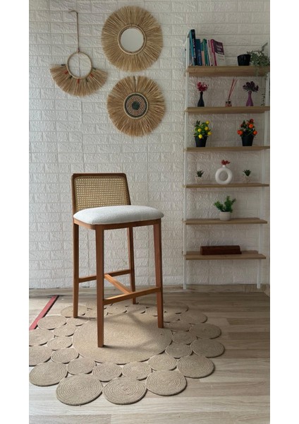 Concept Ross Bar Sandalyesi Teddy Krem Kumaş Hasırlı Bar Sandalyesi Naturel Ahşap Ada Sandalye