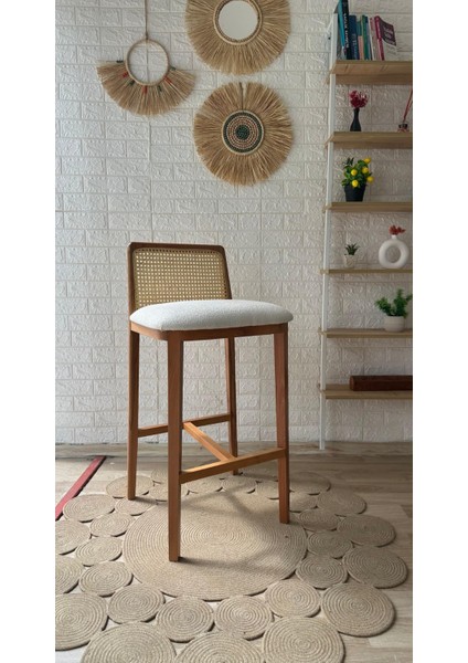 Concept Ross Bar Sandalyesi Teddy Krem Kumaş Hasırlı Bar Sandalyesi Naturel Ahşap Ada Sandalye