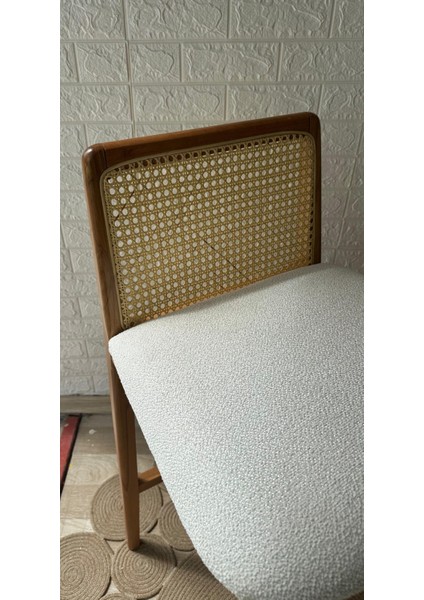 Concept Ross Bar Sandalyesi Teddy Krem Kumaş Hasırlı Bar Sandalyesi Naturel Ahşap Ada Sandalye
