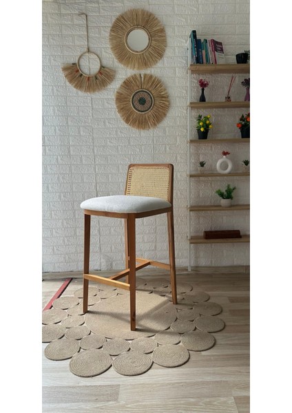 Concept Ross Bar Sandalyesi Teddy Krem Kumaş Hasırlı Bar Sandalyesi Naturel Ahşap Ada Sandalye