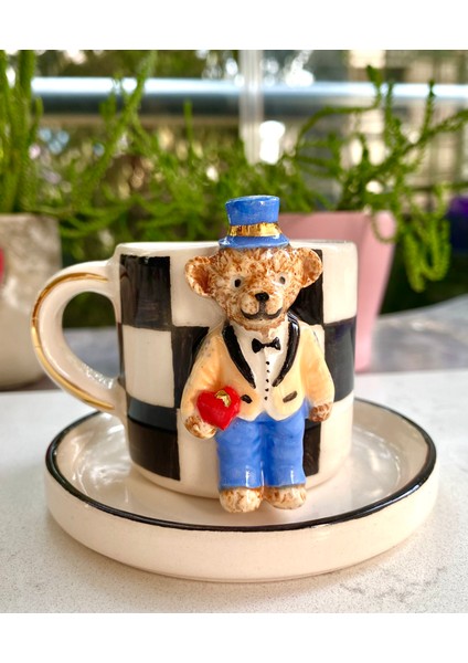 El Yapımı Seramik Gerçek 24K Altın Dekorlu Damat Teddy Türk Kahvesi Fincanı - Yavruağzı