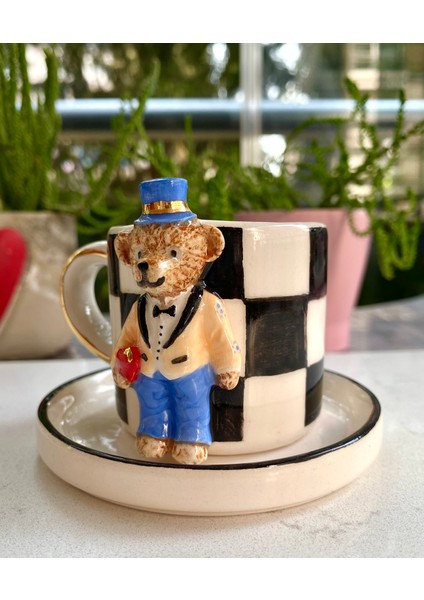 El Yapımı Seramik Gerçek 24K Altın Dekorlu Damat Teddy Türk Kahvesi Fincanı - Yavruağzı fiyatları
