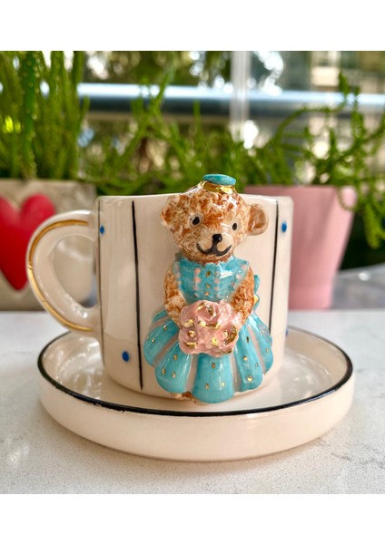 El Yapımı Seramik Gerçek 24K Altın Dekorlu Gelin Teddy Türk Kahvesi Fincanı - Mavi