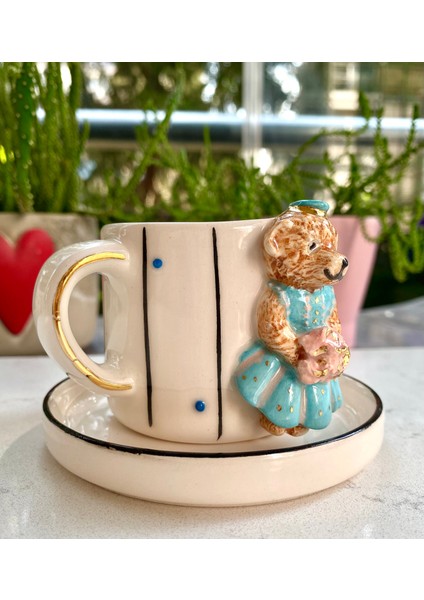 El Yapımı Seramik Gerçek 24K Altın Dekorlu Gelin Teddy Türk Kahvesi Fincanı - Mavi modelleri