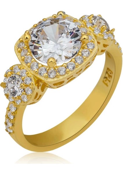 Gümüş Gold Kare Montür Tek Taş Kadın Yüzük