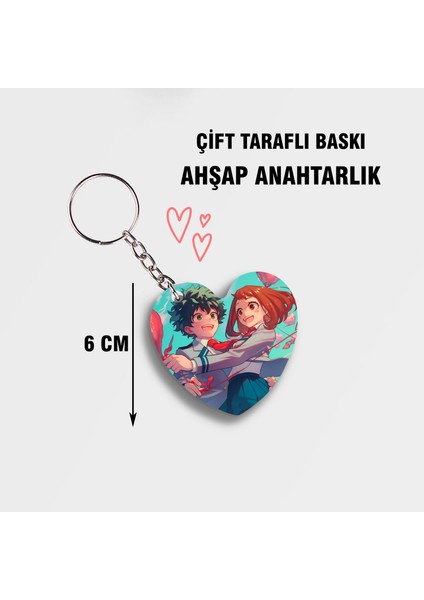 My Hero Academiya Midoriya Uraraka Kalpli Ahşap Anahtarlık - Çift Taraflı Baskı - 6cm Anime