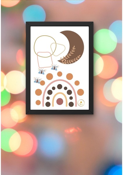 Ahşap Çerçeveli Boho Gökkuşağı ve Ay Temalı Minimalist Tablo Poster Duvar Dekoru