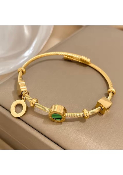 Gold Paslanmaz Çelik Makalit Roma Harfleri Charm Bilezik Altın Renk Su Geçirmez Takı