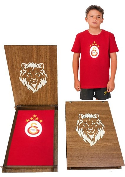 Orijinal 5 Yıldız Kırmızı Çocuk Forma T-Shirt Aslan Ahşap Kutu Hediyeli