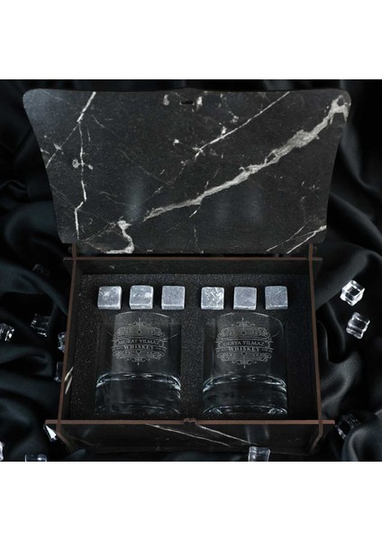 Vintage Tasarımlı Isim & Mesaj Yazılı Taşlı ve 2'li Viski Kadehi Seti