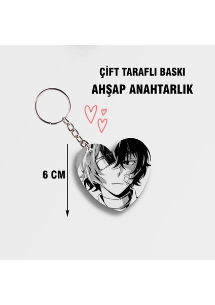 Bungou Stray Dogs Osamu Dazai Kalpli Ahşap Anahtarlık - Çift Taraflı Baskı - 6cm Anime