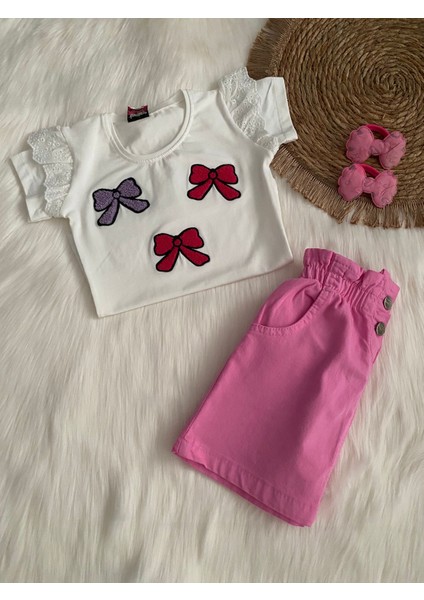 Kız Çocuk Fiyonklu Tişört ve Pembe Etek Takımı