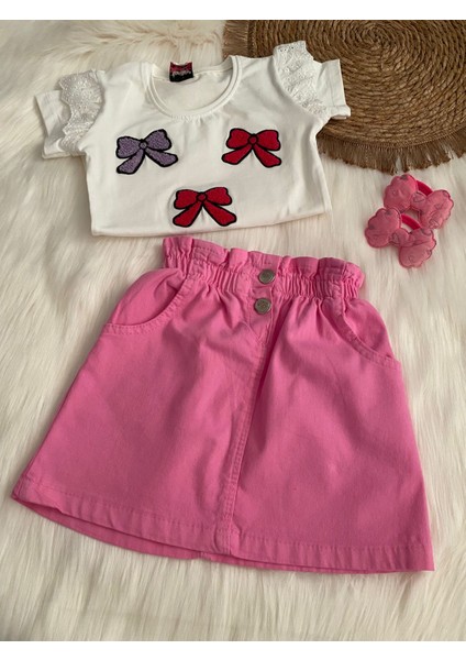 Kız Çocuk Fiyonklu Tişört ve Pembe Etek Takımı fiyatları