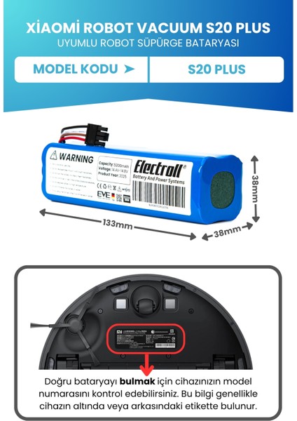 Xiaomi Robot Vacuum S20 Plus Uyumlu Batarya (Standart Kapasite) 5200mah Pil Robot Süpürge Bataryası fiyatları