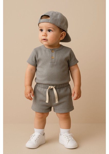 Erkek Bebek Çocuk Cool Boy Waffle Yazlık Kumaş Alt Üst 2'li Unisex Takım Şortlu Kısa Kol Takım