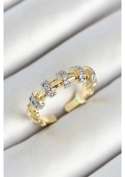 Pirinç Sıralı Daire Figürlü Zirkon Taşlı Gold Renk Ayarlanabilir Kadın Yüzük