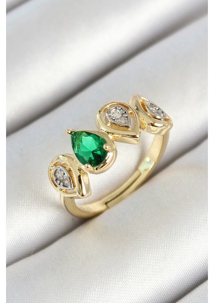 Pirinç Sıralı Damla Figürlü Zirkon Taşlı Gold Renk Ayarlanabilir Kadın Yüzük