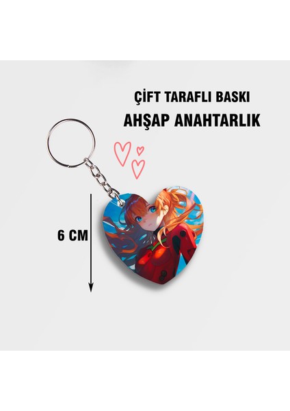 Neon Genesis Evangelion Asuka Soryu Kalpli Ahşap Anahtarlık - Çift Taraflı Baskı - 6cm Anime