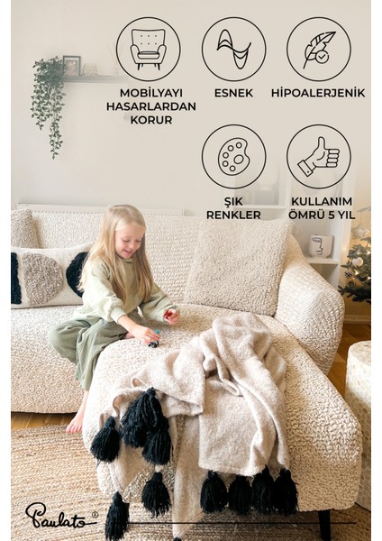 Lastikli Esnek ve Yıkanabilir Sağ Çıkıntılı Koltuk Örtüsü Çekyat Kanepe Kılıfı - Vanilya