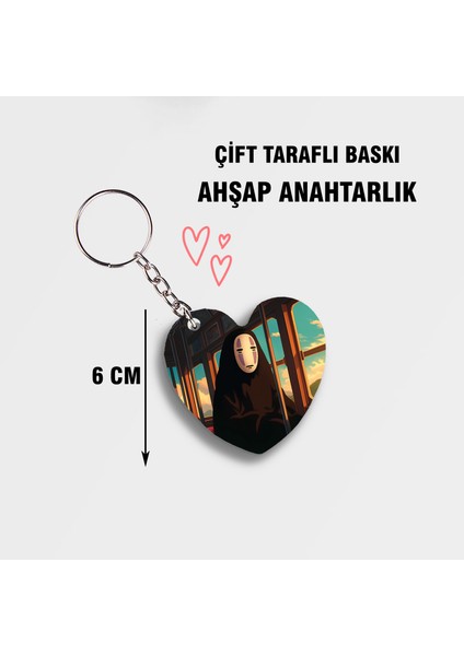 Studio Ghibli Ruhların Kaçışı No Face Kalp Ahşap Anahtarlık - Çift Taraflı Baskı - 6cm