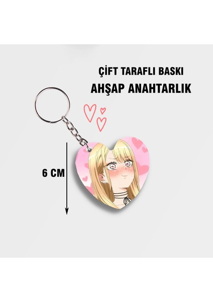 My Dress Up Darling Marin Kitagawa Kalp Ahşap Anahtarlık - Çift Taraflı Baskı - 6cm Anime