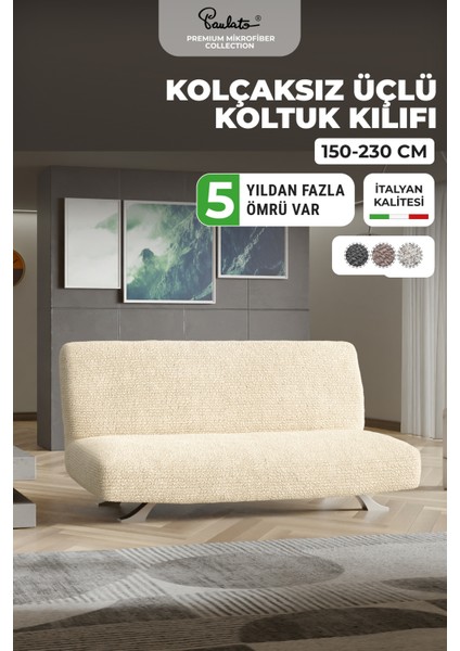 Lastikli Esnek ve Yıkanabilir Kolçaksız 3 Kişilik Koltuk Örtüsü Kanepe Kılıfı - Vanilya
