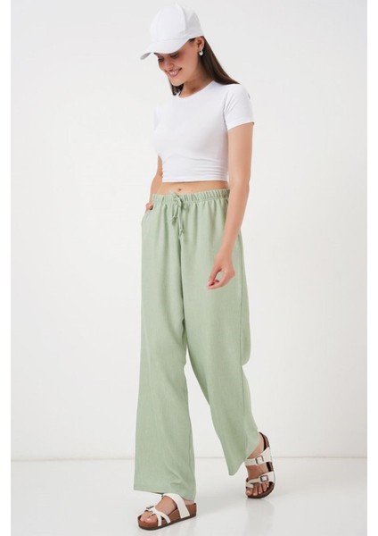 Geniş Paça Keten Pantolon 6735 - E.yeşil