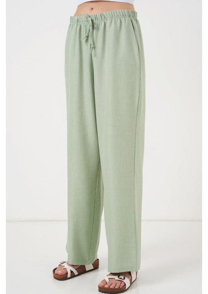 Geniş Paça Keten Pantolon 6735 - E.yeşil