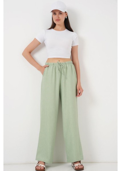 Geniş Paça Keten Pantolon 6735 - E.yeşil